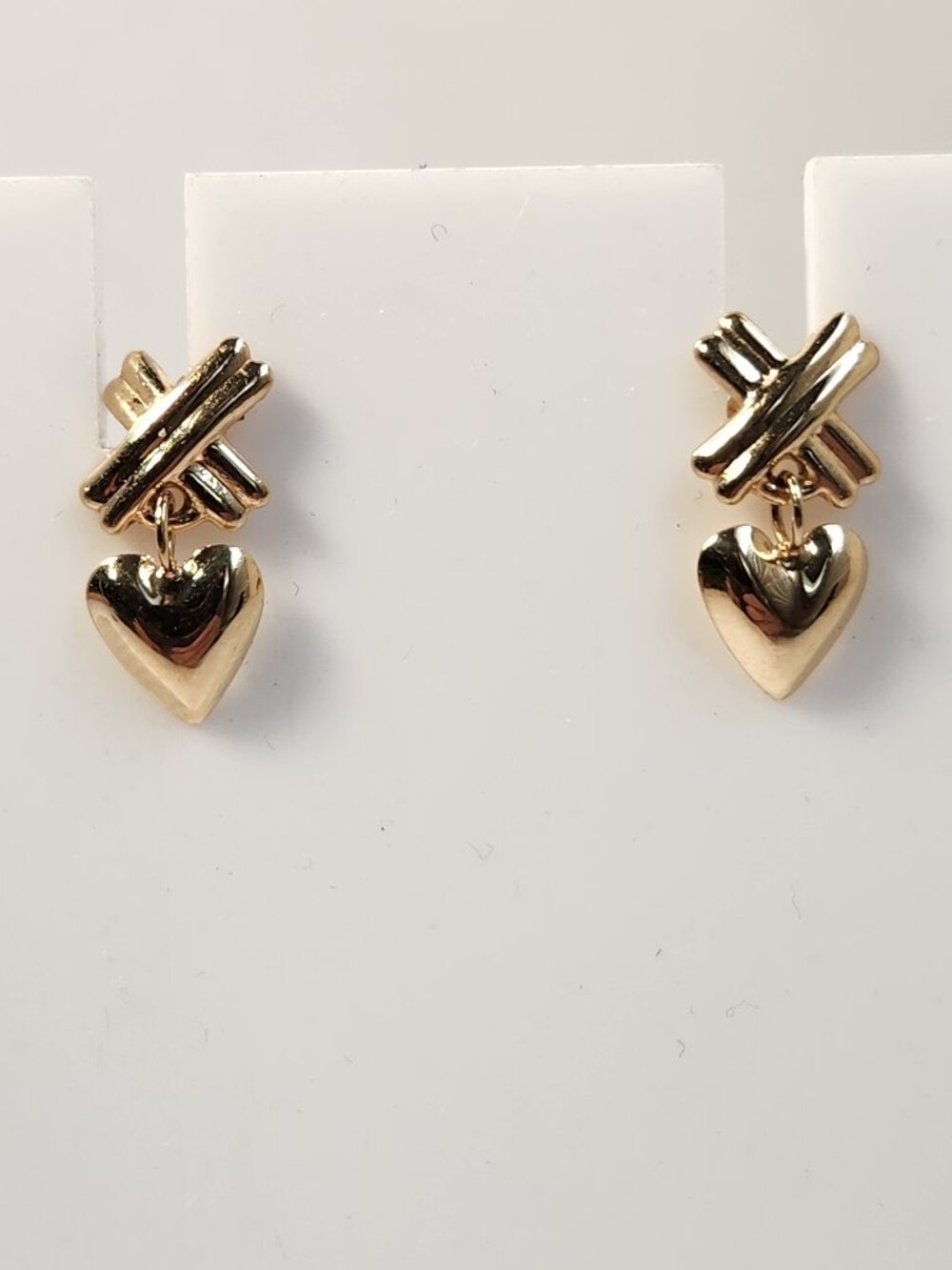 Aurora 14K SOLID Gold Puffy Heart Drop Stud Earrings, Vintage Crisscross Design
